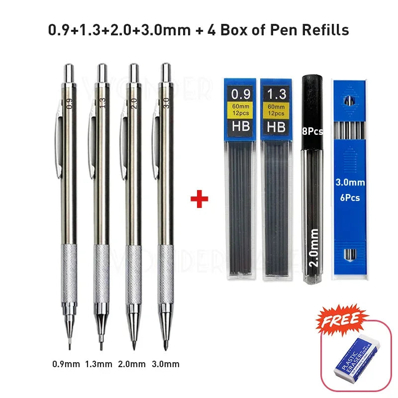 Crayon mécanique entièrement métallique de 0,3/0,5/0,7/0,9/1,3/2,0/3,0 mm – Crayon de dessin technique de précision pour l'esquisse, le dessin, la peinture, l'art, les fournitures de bureau et scolaires
