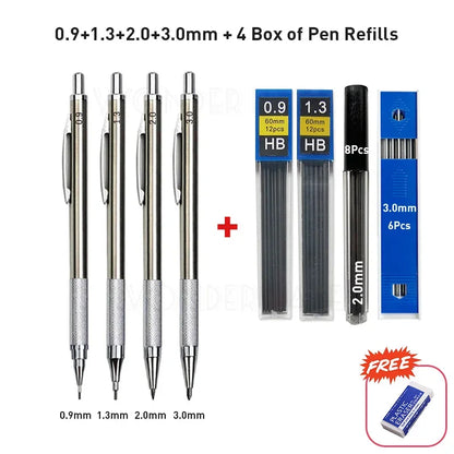 Crayon mécanique entièrement métallique de 0,3/0,5/0,7/0,9/1,3/2,0/3,0 mm – Crayon de dessin technique de précision pour l'esquisse, le dessin, la peinture, l'art, les fournitures de bureau et scolaires