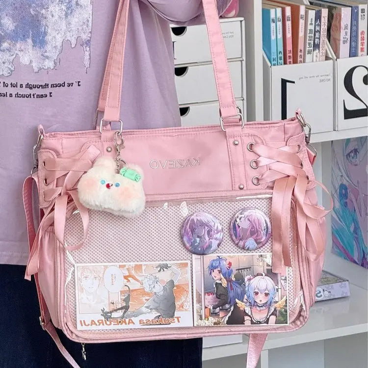 Bolso Bandolera con Lazo Estilo Universitario – Bolso de Hombro de Gran Capacidad para Chicas, Bolso Ita de Moda JK, Bolso de Mano con Acento de Lazo para Libros Escolares, Material Escolar y Uso Diario