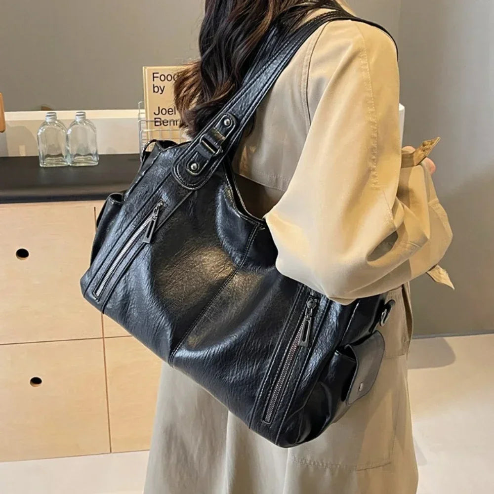 Women’s PU Leather Shoulder Bag – 2026 Fashion Handbag with Soft Interior Compartment, Contrast Color Design, Zipper Closure, Stylish Everyday Purse for Work, Travel & Casual Use