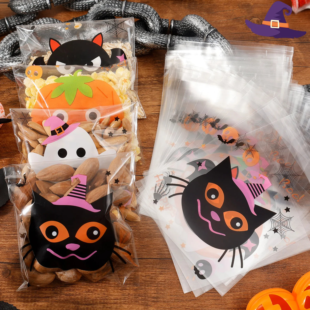 100/500PCS Halloween Candy Bags – Spooky Self-Adhesive Plastic Treat Bags for Candy, Cookies & Snacks, Kids’ Gifts, Trick-or-Treat & Halloween Party Decor