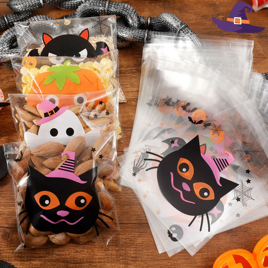 100/500PCS Halloween Candy Bags – Spooky Self-Adhesive Plastic Treat Bags for Candy, Cookies & Snacks, Kids’ Gifts, Trick-or-Treat & Halloween Party Decor