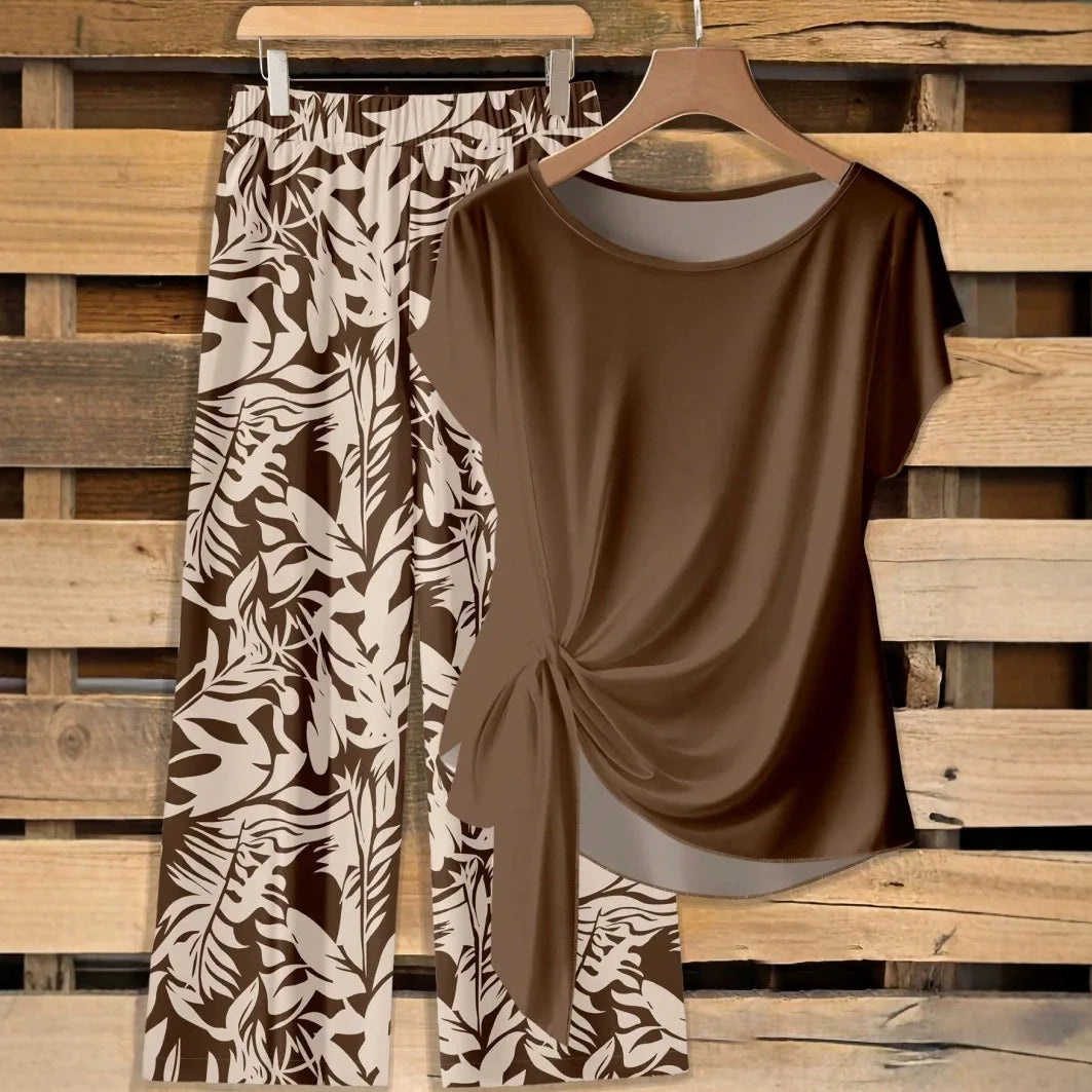 Women's 2-Piece Printed Knot Top & Wide-Leg Pants Set – Round-Neck Short-Sleeve Casual Outfit, Comfortable Polyester Loungewear for All Seasons