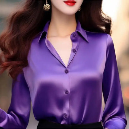 Chemisier en Soie Satinée à Manches Longues pour Femme – Chemise de Bureau Élégante Ample Boutonnée, Haut de Travail Professionnel d'Automne