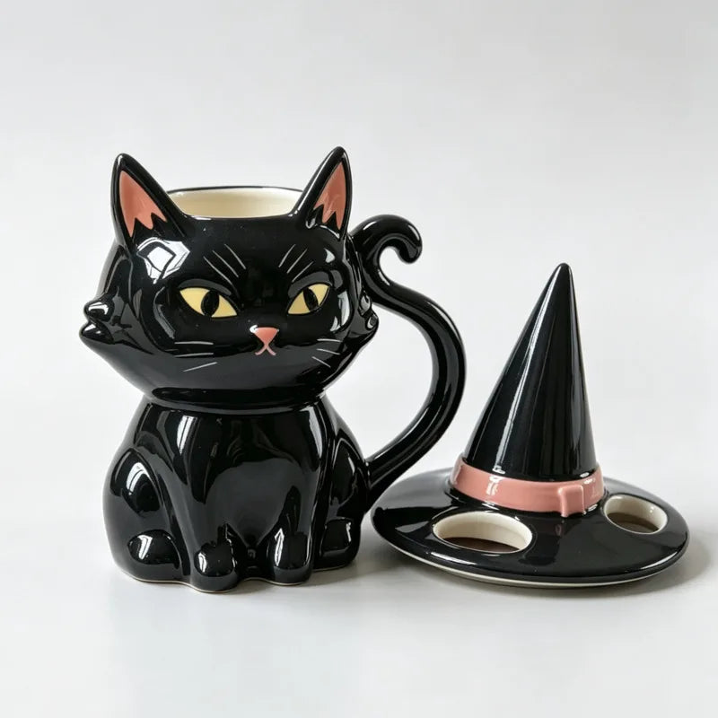 Black Cat Halloween Ceramic Mug – Cute Witch Hat Lid Coffee & Tea Cup for Home, Dorm & Parties, Cat Lover Gift