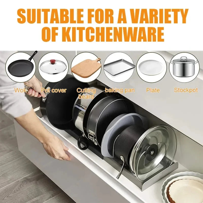 Expandable Stainless Steel Pot Lid Organizer Rack Kitchen Cabinet Storage for Pans, Cutting Boards & Cookware