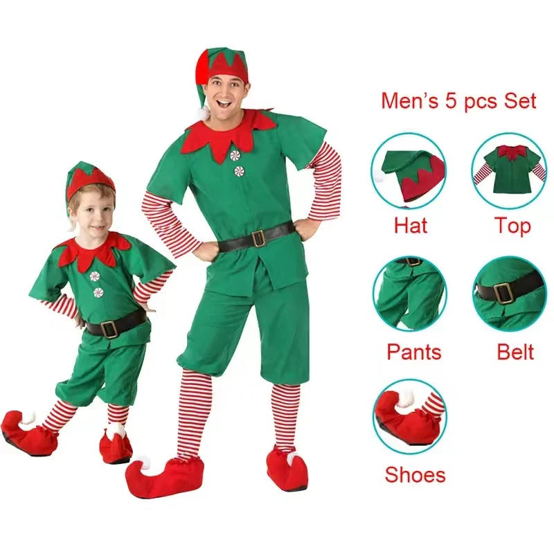 Christmas Santa Claus and Green Elf Costumes for Adults and Kids, Family Matching Cosplay Outfits for Xmas Parties, Carnival, New Year Performances and Holiday Gifts