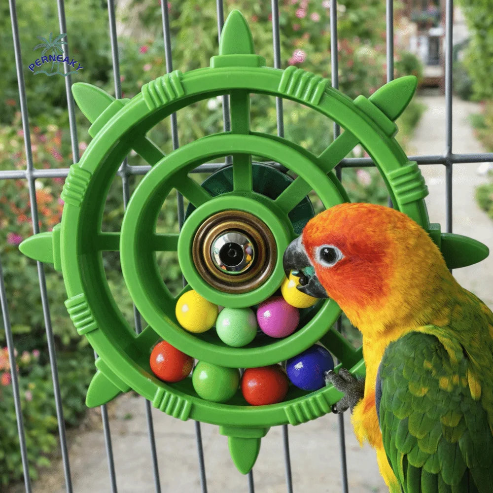 Rudder-Shaped Parrot Spinner Toy – Colorful Bead Rattle & Bite-Resistant Interactive Spinning Wheel Bird Cage Toy