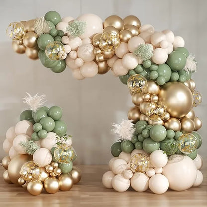 Sage Green Balloon Arch Garland Kit – Green, White, Sand & Gold Confetti Latex Balloons for Birthday, Wedding & Graduation Decorations