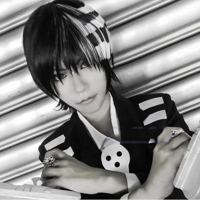 Anime Soul Eater Death the Kid Cosplay Wig – Black & White Split Hair Style (Unisex with Wig Cap, Halloween/Carnival Prop)