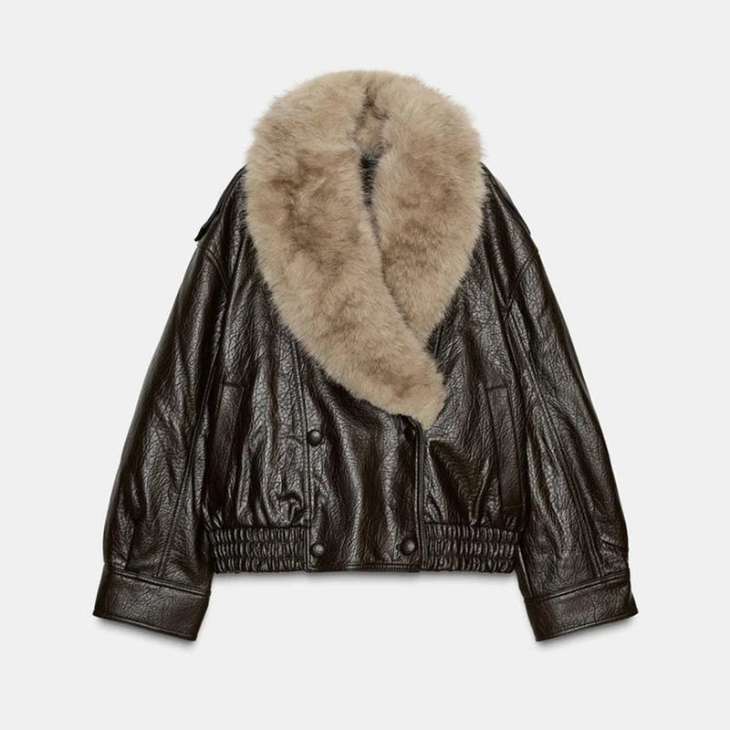 Women’s PU Leather Short Jacket – Contrast Fur Collar Double-Breasted Warm Coat, Stylish Autumn & Winter Outerwear