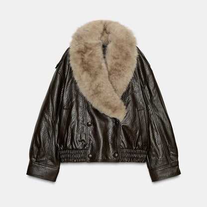 Women’s PU Leather Short Jacket – Contrast Fur Collar Double-Breasted Warm Coat, Stylish Autumn & Winter Outerwear