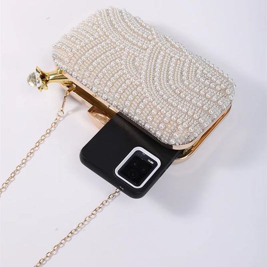 Pochette de Soirée Élégante Perles pour Femme, Sac à Main de Mariage Perlé avec Longue Chaîne