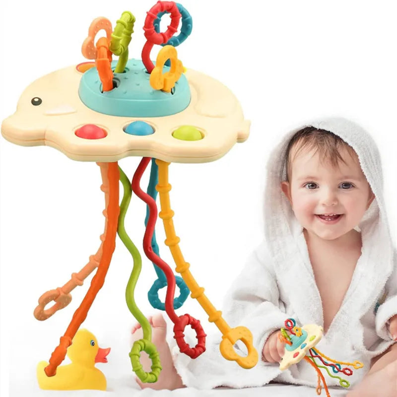 Juguete Sensorial de Silicona Montessori con Cuerda para Bebés – Mordedor Sonajero para Bebés de 6 a 12 Meses