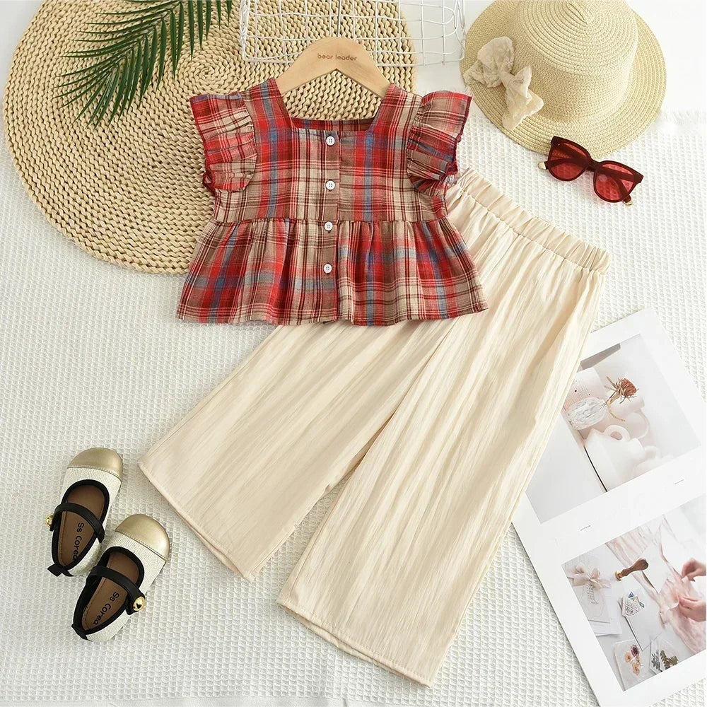 Girls Pink Checkered Two Piece Set – Square Collar Top & Wide Leg Pants Summer Outfit for Kids 3–10 Years
