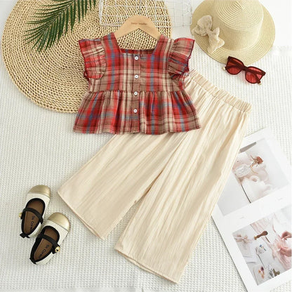Girls Pink Checkered Two Piece Set – Square Collar Top & Wide Leg Pants Summer Outfit for Kids 3–10 Years