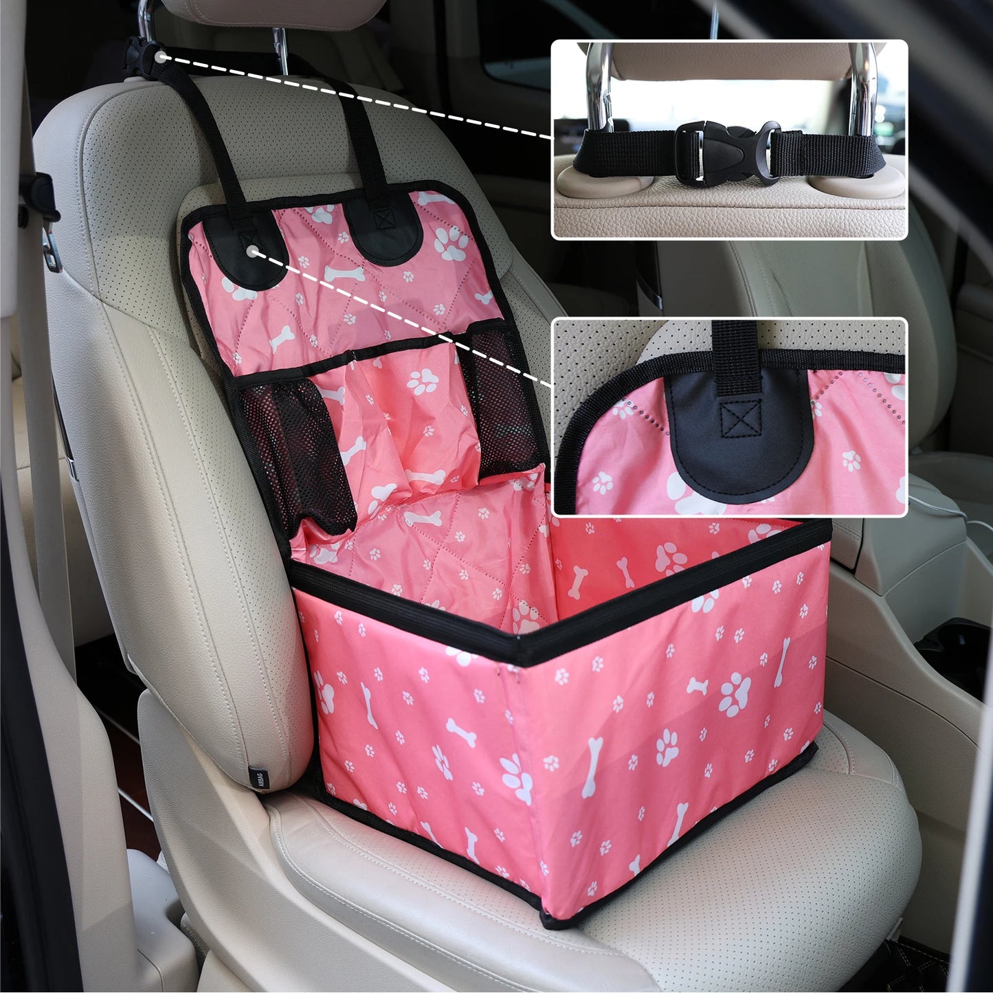 Asiento Elevador para Perros con Bolsillos de Almacenamiento, Funda de Asiento Antideslizante para Coche, Arnés de Seguridad para Perros Pequeños y Medianos