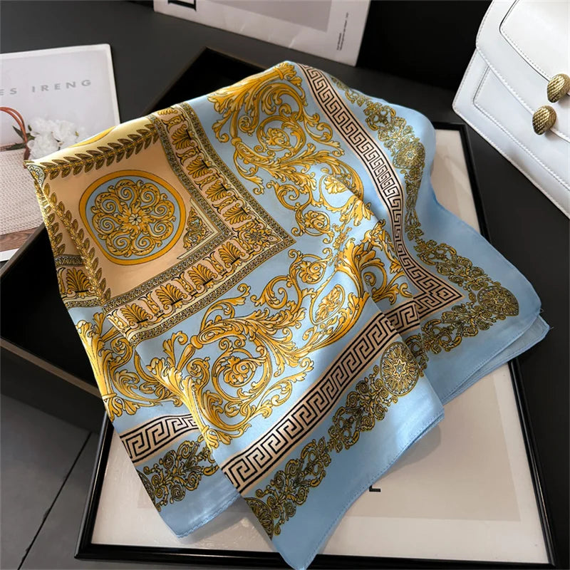 70x70CM Foulard en soie imprimé pour femme – Châle Pashmina carré tendance, tour de cou de luxe, bandeau et bandana décoratif