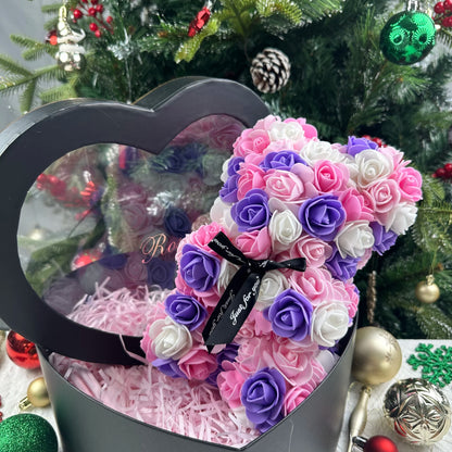 Oso de rosas artificiales de 25 cm con caja de regalo – Regalo romántico para ella en San Valentín, aniversario y boda