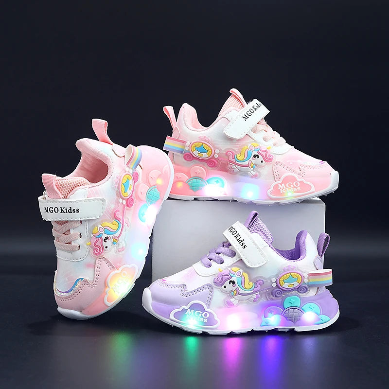 Girls' Light-Up Rainbow Pony Shoes – Soft-Sole Sports Sneakers with Flashing LED Lights for Spring & Autumn, Running & Casual Wear, Ages 1-6