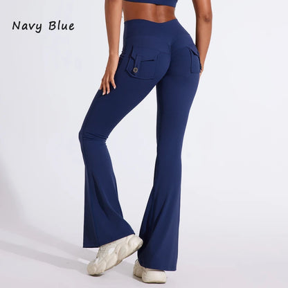 DIAS FIT JOY Pantalon de yoga évasé taille haute pour femme – Legging patte d'éléphant push-up avec poches, pantalon d'entraînement à séchage rapide pour la course, la gym, le fitness et l'exercice