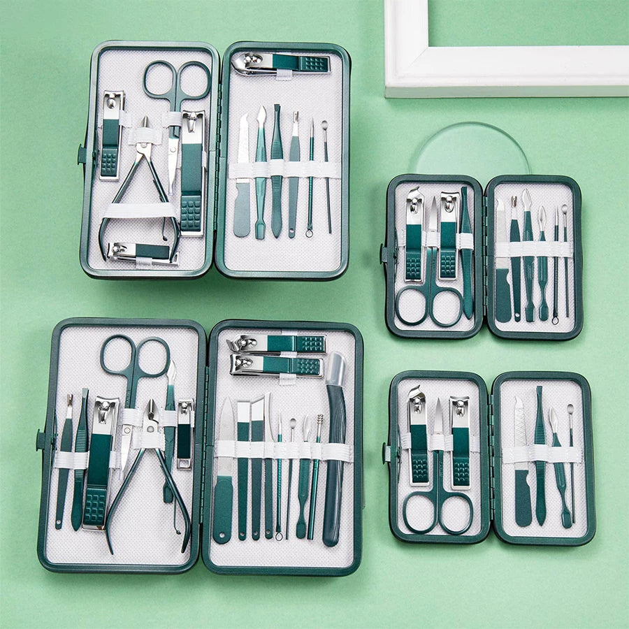 Juego profesional de manicura y pedicura de acero inoxidable de 6 a 18 piezas con estuche de viaje de piel – Kit de uñas y aseo para hombres y mujeres