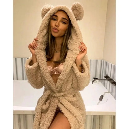 Women's Plush Fleece Hooded Robe – Soft Warm Kimono Bathrobe with Animal Ears, Long Sleeves & Cozy Loungewear