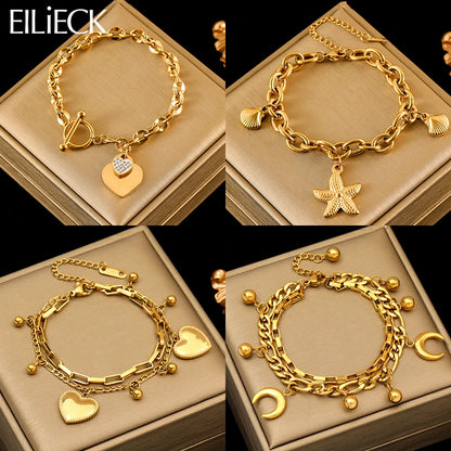Pulsera de acero inoxidable 316L con dijes de estrellas de mar, luna y estrellas doradas – Cadena de muñeca moderna para mujer, regalo de joyería para fiestas