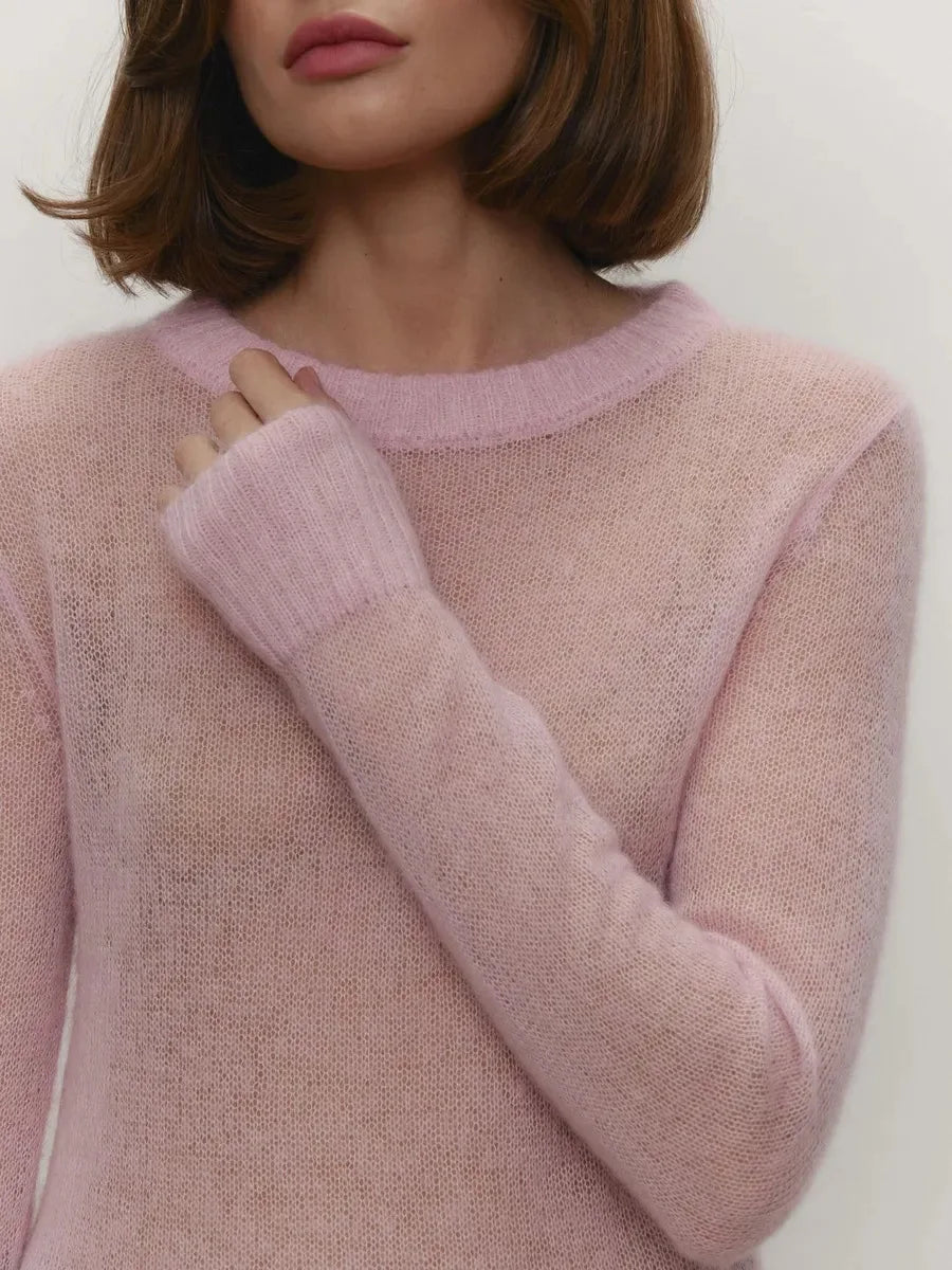 Women’s Classic Mohair Knitted Sweater Top Spring Summer Loose O-Neck Micro Sheer Cool Knit Shirt