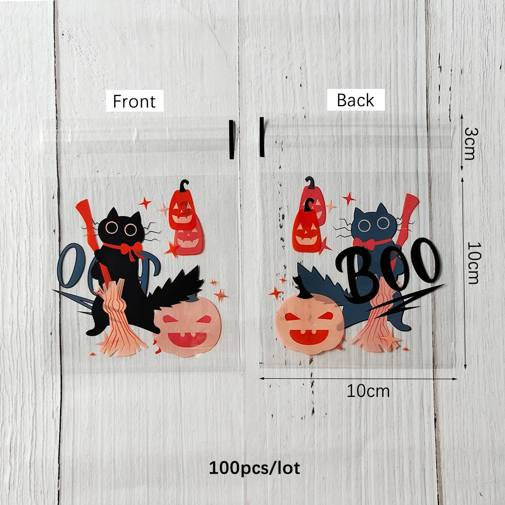100PCS Halloween Candy Bags, Plastic Gift Packaging Bags with Ghost Pumpkin and Spider Prints, Trick or Treat Goodie Bags, Halloween Party Favors and Decorations