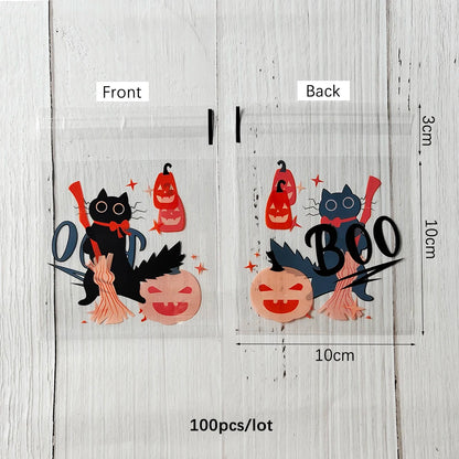 100PCS Halloween Candy Bags, Plastic Gift Packaging Bags with Ghost Pumpkin and Spider Prints, Trick or Treat Goodie Bags, Halloween Party Favors and Decorations