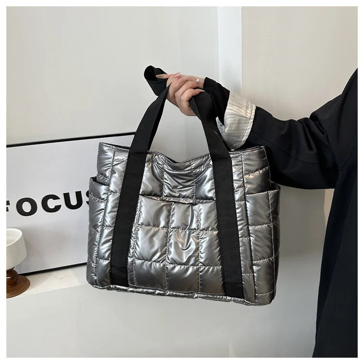 Sac à bandoulière matelassé pour femmes – Grand sac fourre-tout en nylon pour l'hiver 2025, motif en coton chaud, sac à main de voyage décontracté et tendance