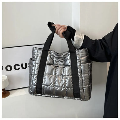 Sac à bandoulière matelassé pour femmes – Grand sac fourre-tout en nylon pour l'hiver 2025, motif en coton chaud, sac à main de voyage décontracté et tendance