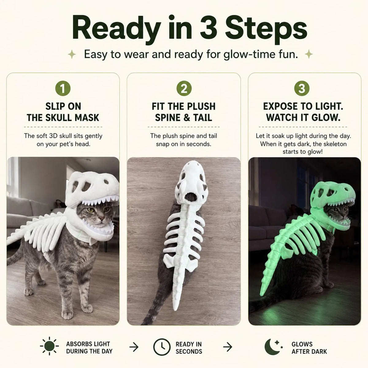 Glow-in-the-Dark Dinosaur Skeleton Pet Costume – Soft Fluffy Dinosaur-Shaped Halloween Role-Play Outfit for Cats & Small Dogs