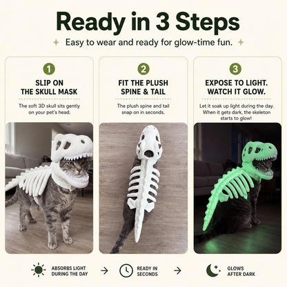 Glow-in-the-Dark Dinosaur Skeleton Pet Costume – Soft Fluffy Dinosaur-Shaped Halloween Role-Play Outfit for Cats & Small Dogs