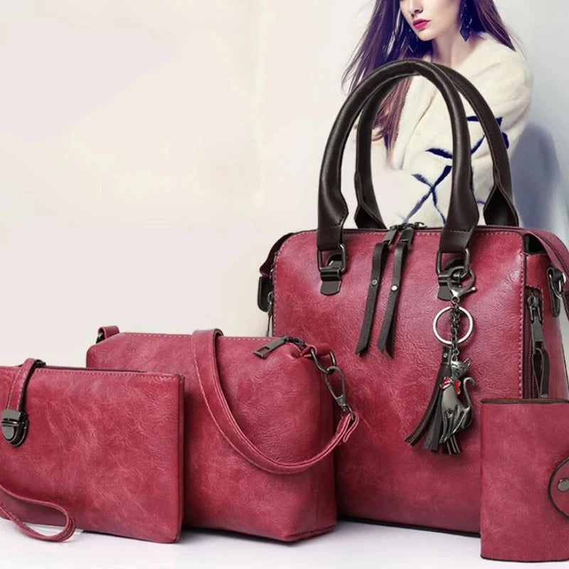 4PCS Women's Tassel Handbag Set – Luxury Leather Top-Handle & Shoulder Purses, Designer-Style Composite Bags for Elegant Everyday Fashion