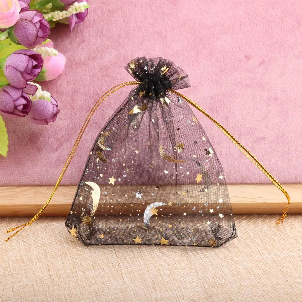 Bolsas de regalo de organza con estrellas y lunas de 25/50 piezas – Bolsitas de joyería con cordón dorado para recuerdos de boda, regalos de fiesta, empaques de dulces y almacenamiento de accesorios pequeños