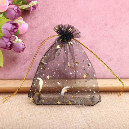 Bolsas de regalo de organza con estrellas y lunas de 25/50 piezas – Bolsitas de joyería con cordón dorado para recuerdos de boda, regalos de fiesta, empaques de dulces y almacenamiento de accesorios pequeños
