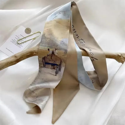 Khaki Nude Silk Scarf Hair Band – Vintage Satin Ribbon Bow Hair Accessory for Women | Elegant Fashion Hair Tie