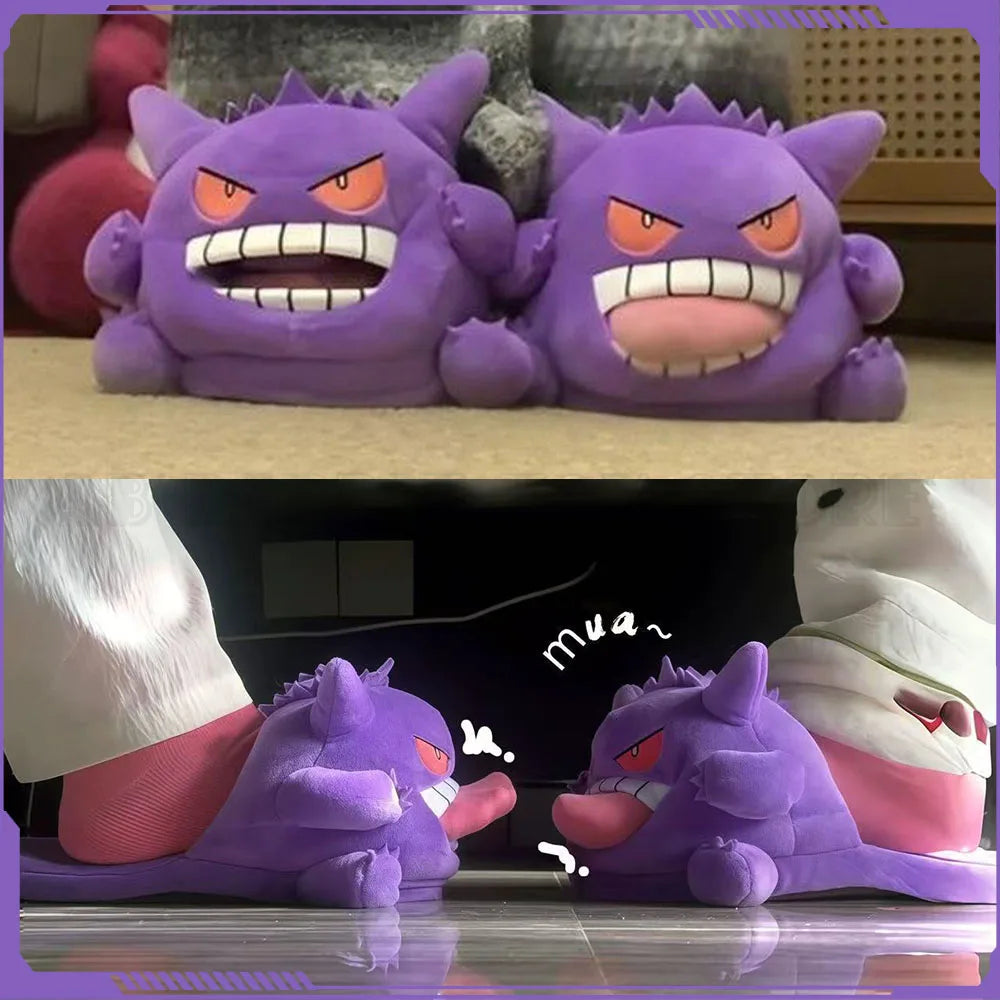 Gengar-Inspired Plush Slippers | Cute Ghost Character Tongue-Out Soft Warm Winter Home House Shoes