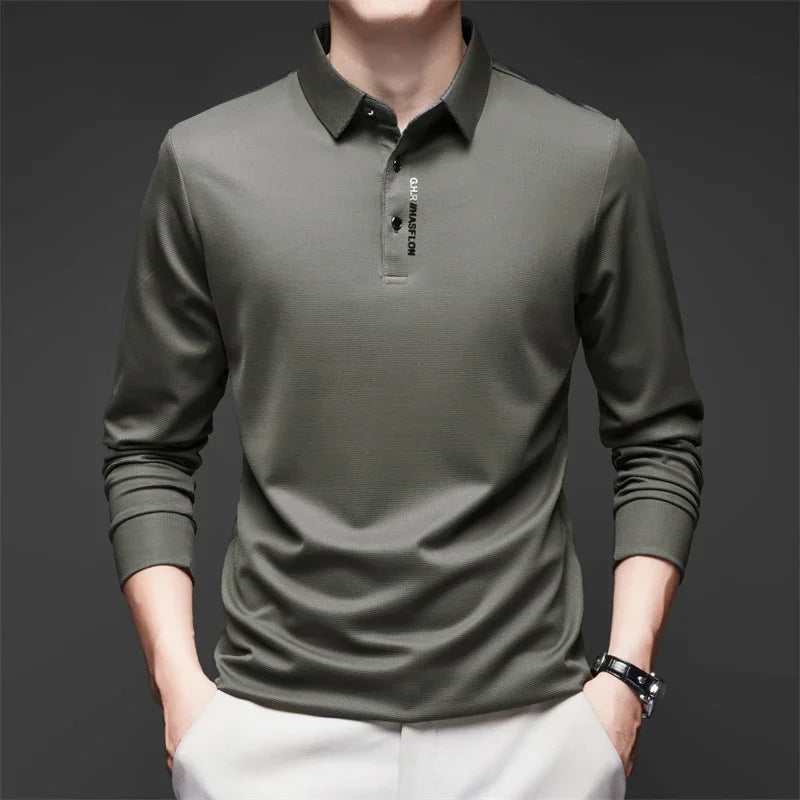 Polo à manches longues pour homme – Haut décontracté de couleur unie, respirant, confortable et tendance pour le quotidien