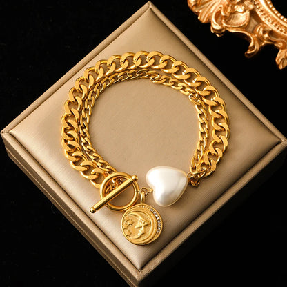 Pulsera de acero inoxidable 316L con dijes de estrellas de mar, luna y estrellas doradas – Cadena de muñeca moderna para mujer, regalo de joyería para fiestas