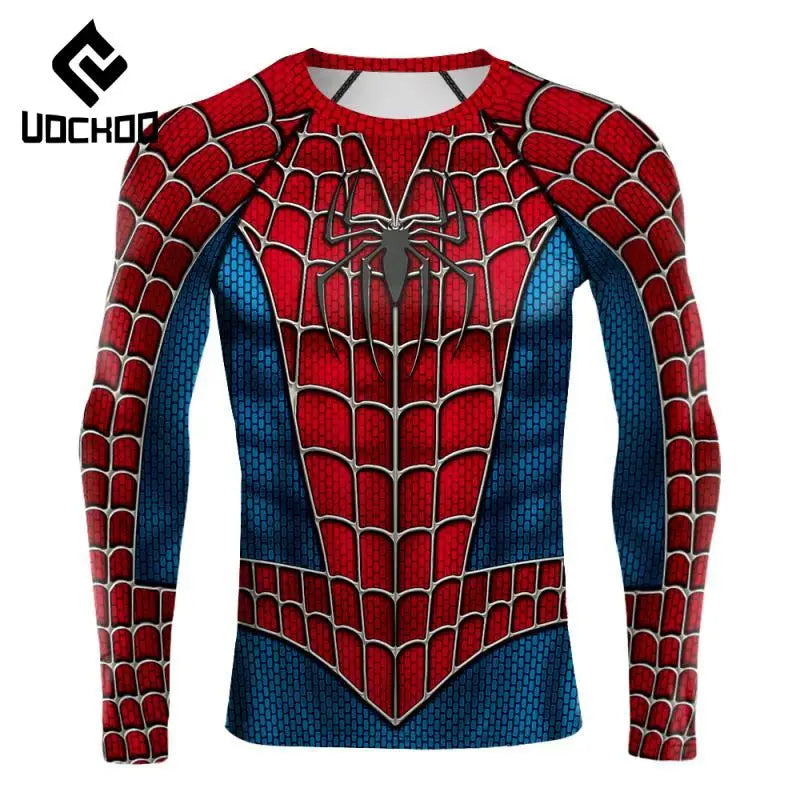 Spider-Inspired Superhero Compression Shirt for Men – Red Blue Long Sleeve Cosplay Workout Performance Top