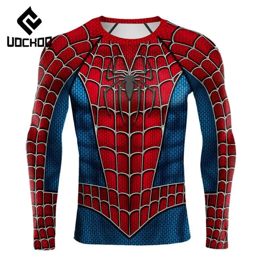 Camiseta de compresión de superhéroe inspirada en arañas para hombre – Manga larga roja y azul, ideal para cosplay, entrenamiento y rendimiento