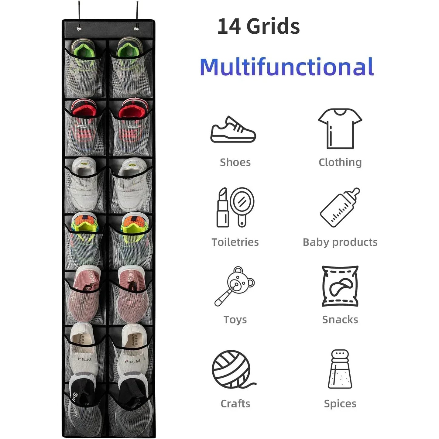 Over-the-Door Shoe Organizer - 12, 14 or 24 Pocket Hanging Shoe Storage with Large Mesh Pockets & 4 Hooks