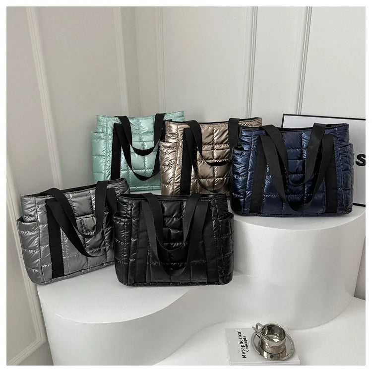 Sac à bandoulière matelassé pour femmes – Grand sac fourre-tout en nylon pour l'hiver 2025, motif en coton chaud, sac à main de voyage décontracté et tendance