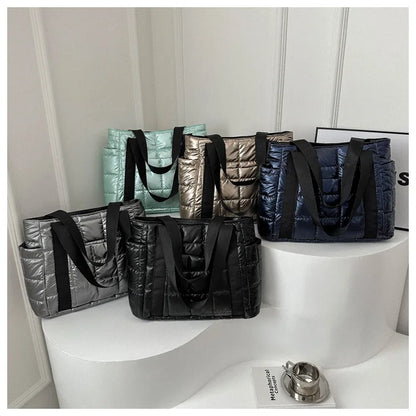 Sac à bandoulière matelassé pour femmes – Grand sac fourre-tout en nylon pour l'hiver 2025, motif en coton chaud, sac à main de voyage décontracté et tendance