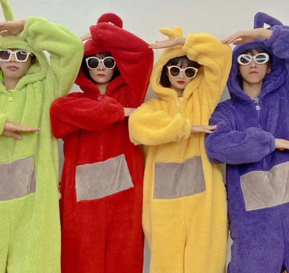 Teletubbies Inspired Adult Cosplay Pajamas – Tinky Winky / Laa-Laa / Po Soft Long Sleeve Onesie Costume (4 Colors)