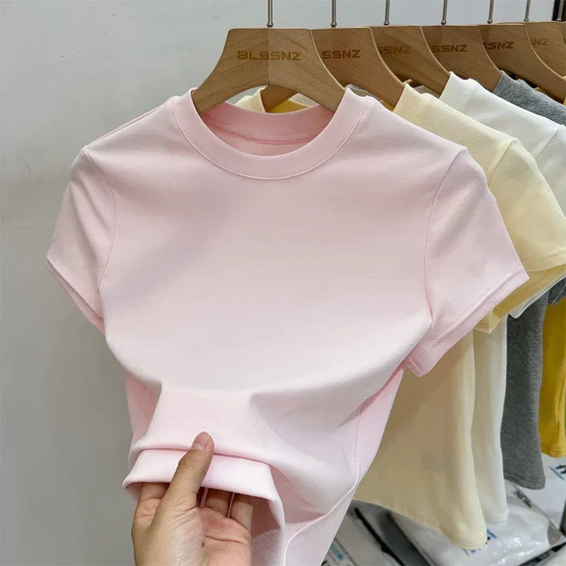 Zjaiss 2026 T-shirt col rond mode été sexy basique uni à manches courtes pour femme style coréen décontracté streetwear