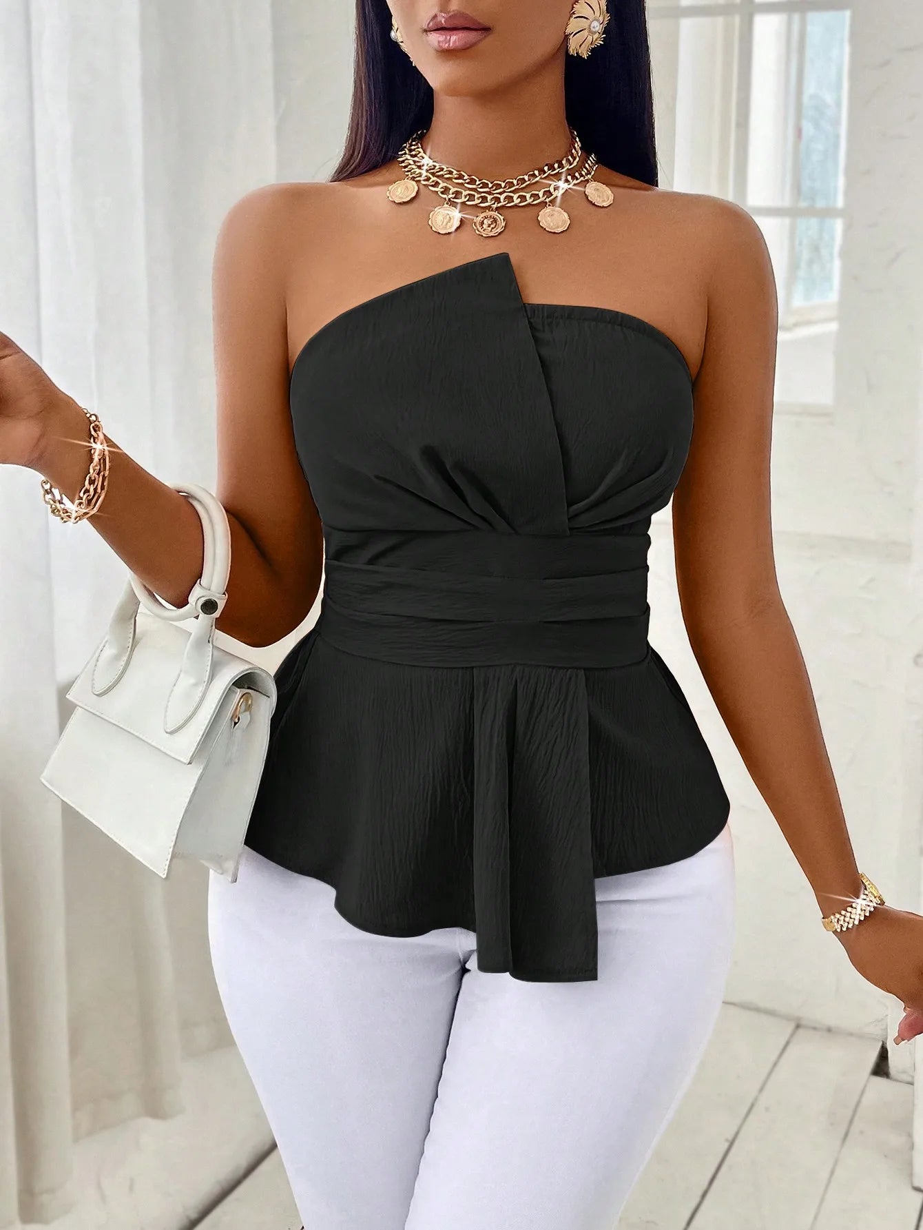 Top Peplum Strapless para Mujer – Elegante Blusa Cruzada con Cinturón para Vacaciones, Oficina y Uso Casual